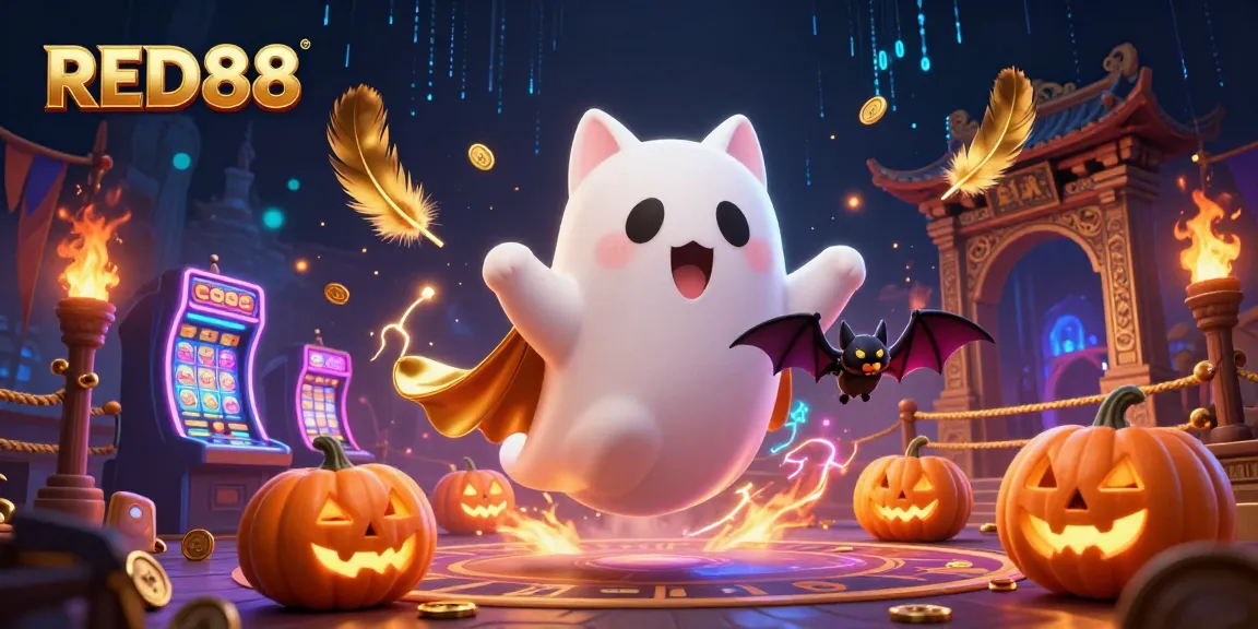 Spin on innovative RED88 casino excitement with a ghost cat and vibrant gaming elements.