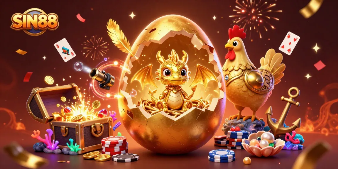 SIN88 reveals a golden baby dragon with poker chips, symbolizing wealth and excitement in gaming.