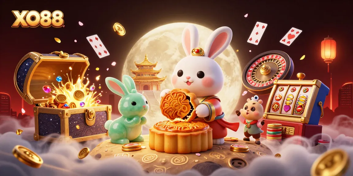 Experience XO88's vibrant casino world with a dynamic scene of moon rabbits and casino games.