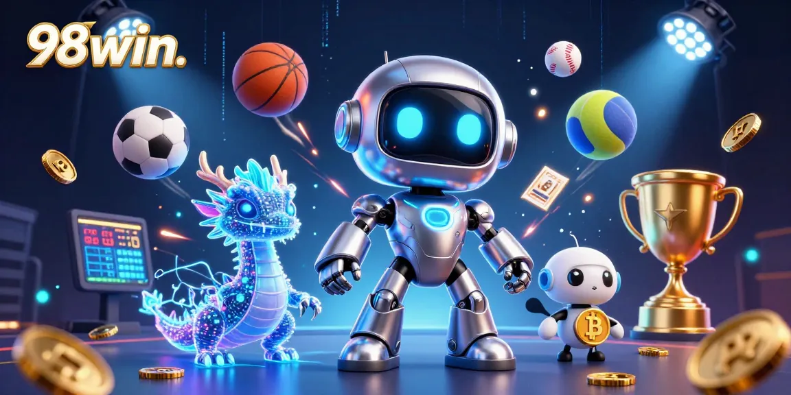Experience thrilling gameplay with the 98win. cyberpunk casino mascot and gambling elements in a vivid illustration.