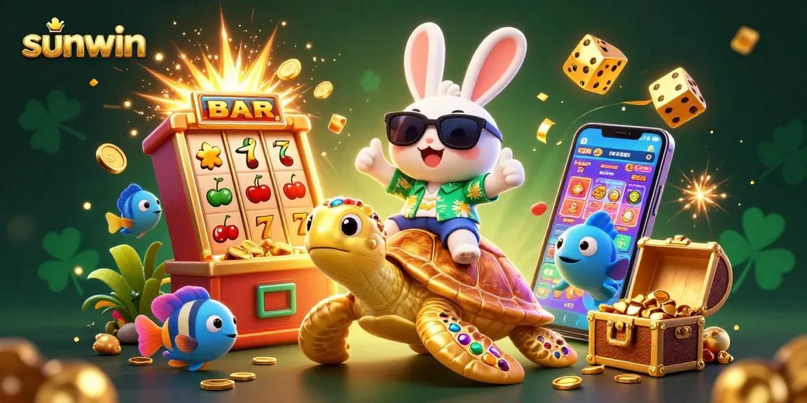 Play exciting casino games at sunwin with a lively 3D scene featuring a lucky rabbit and golden turtle.