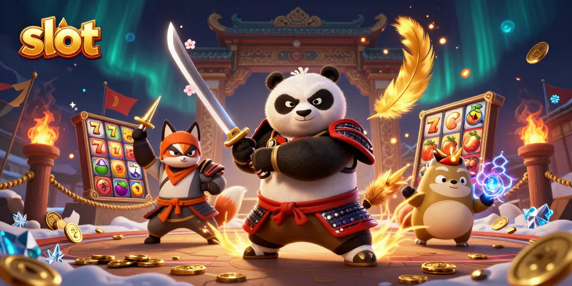 Slot demo menarik dengan panda samurai dan rubah ninja mengelilingi simbol jackpot.