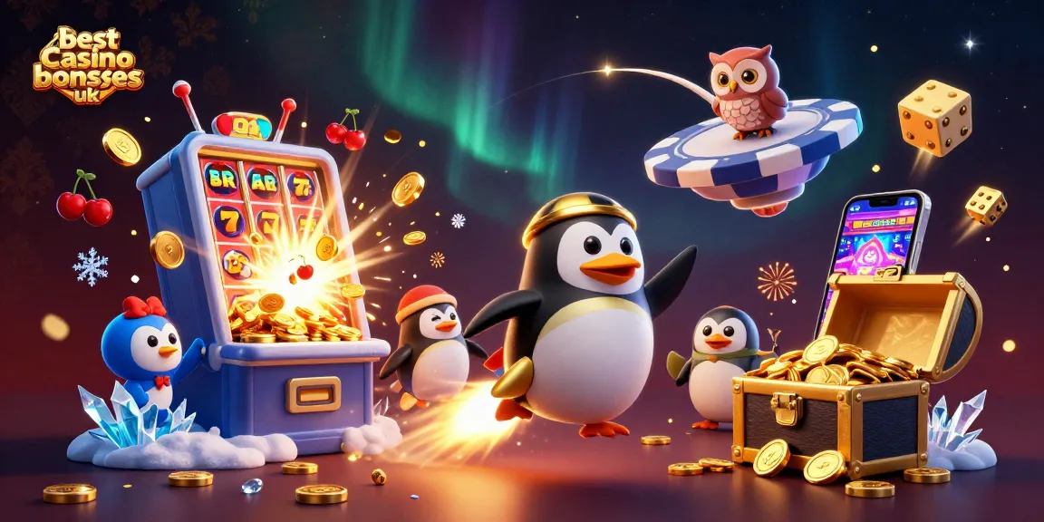 Experience the best casino bonuses uk through a vibrant 3D illustration of gaming excitement with a penguin and casino elements.