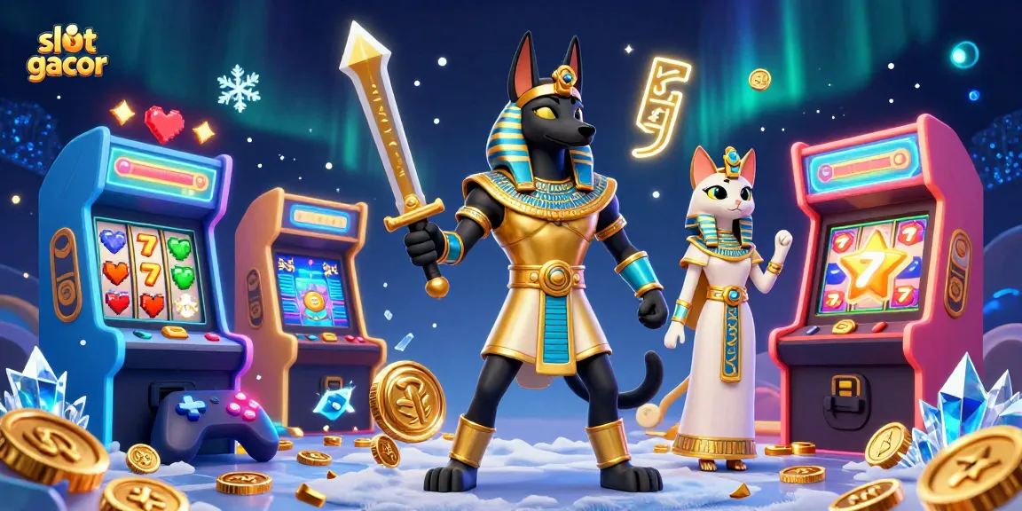 Menggandakan peluang slot gacor dengan Anubis dan Bastet dalam ilustrasi kasino digital.