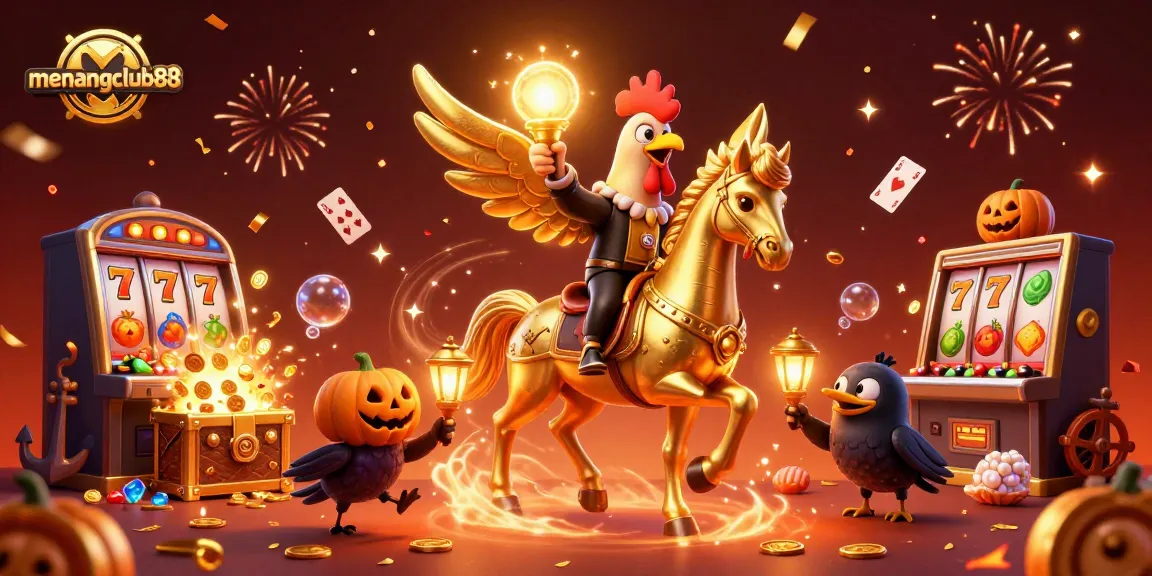 Engage in thrilling gameplay at menangclub88 with a vibrant casino illustration depicting gold coins and slot machines.