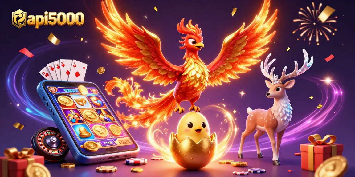 Menggunakan api5000, grafis 3D dengan phoenix terbang, simbol kasino, dan koin emas dalam suasana meriah.